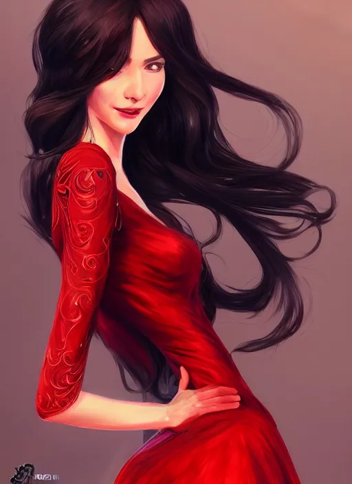 Prompt: a highly detailed illustration long black haired woman wearing red dress, elegant smiling pose, perfect face, perfect body, intricate, elegant, highly detailed, centered, digital painting, artstation, concept art, smooth, sharp focus, league of legends concept art, wlop