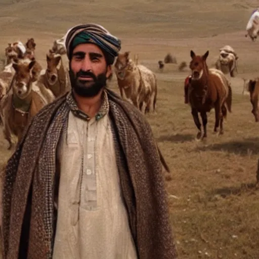 Image similar to Kurdish shepherd wearing Kurdish clothes in a movie directed by Christopher Nolan, movie still frame, promotional image, imax 70 mm footage