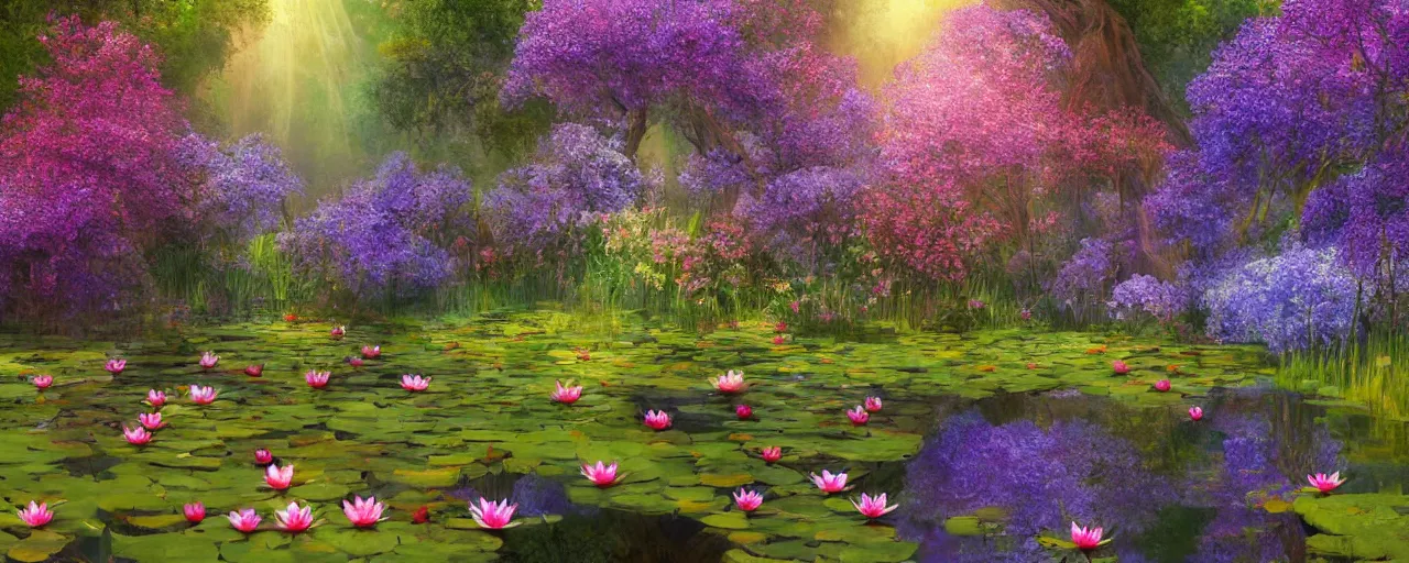 Prompt: groot flowers near a mirror like pond, by alan lee, colorful clothing, springtime flowers and foliage in full bloom, lotus flowers on the water, dark foggy forest background, sunlight filtering through the trees, digital art, art station
