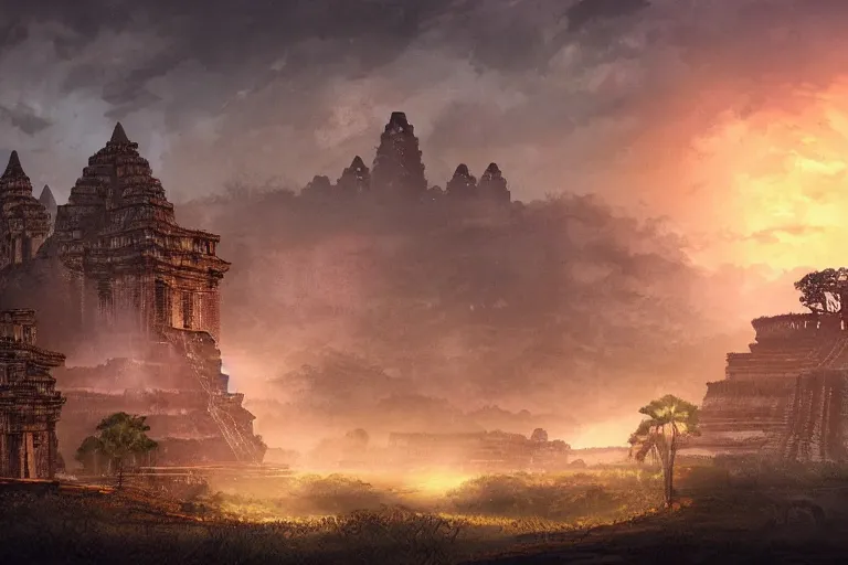 Image similar to cinematic lighting fantasy painting, an ancient land, sunset and ominous shadows over the kingdom, rivers and vilalges brutalist angkor rivendell by jessica rossier