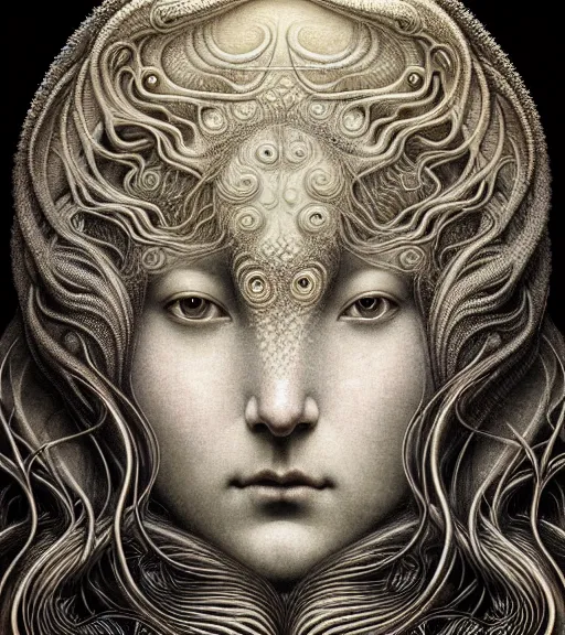 Image similar to detailed realistic beautiful wave goddess face portrait by jean delville, gustave dore, iris van herpen and marco mazzoni, art forms of nature by ernst haeckel, art nouveau, symbolist, visionary, gothic, neo - gothic, pre - raphaelite, fractal lace, intricate alien botanicals, ai biodiversity, surreality, hyperdetailed ultrasharp octane render