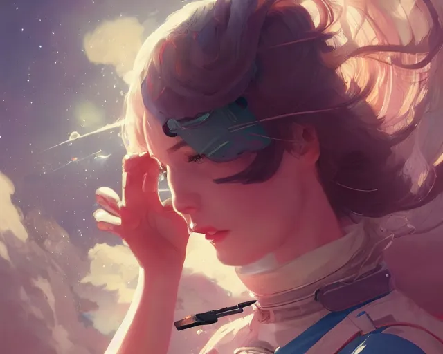 Image similar to young woman flying in space sharp focus, illustration, highly detailed, concept art, matte, trending on artstation, anime, art by james jean and artgerm and brian despain and alberto mielgo, greg rutkowski, wlop, ilya kuvshinov, strong strokes