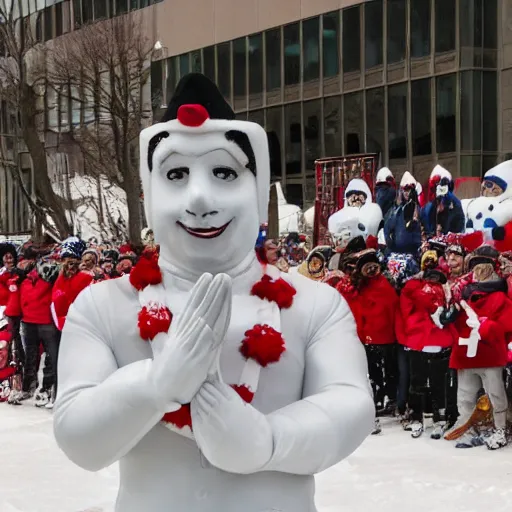 Image similar to a high quality photography of guy a lepage saluting the bonhomme carnaval