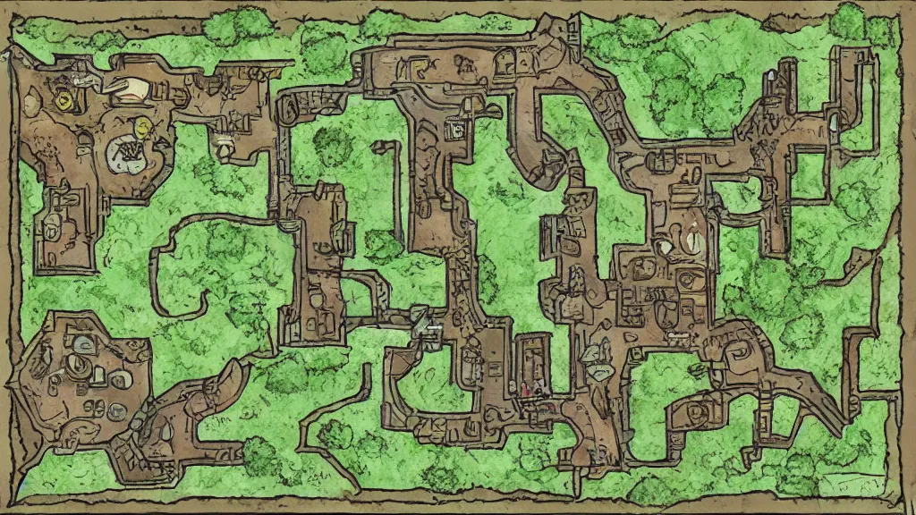 Image similar to a stylized indoor map of a dungeon in a forest for a tabletop rpg.