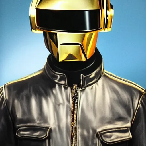 Prompt: portrait of Daft Punk by Greg Rutkowski, wearing a leather jacket, highly detailed portrait, digital painting, artstation, concept art, smooth, sharp foccus ilustration, Artstation HQ