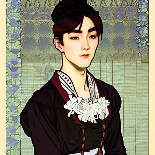 Image similar to full body painting of grumpy handsome thin beautiful young man in his 2 0 s named min - jun in a french female maid outfit, modern clothing, elegant, clear, painting, stylized, sharp facial features, soft but grumpy, highly detailed, art, art by alphonse mucha