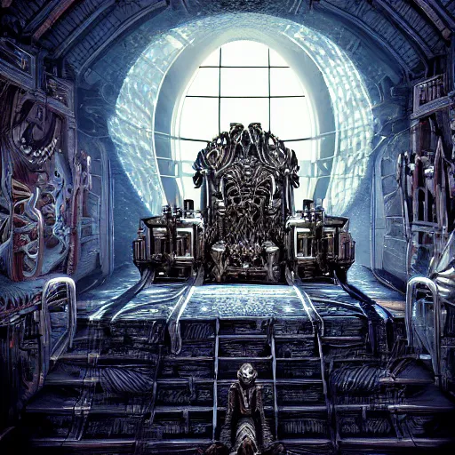 Image similar to the mind throne within the simulation chamber, digital art, highly detailed, epic composition, cinematic lighting