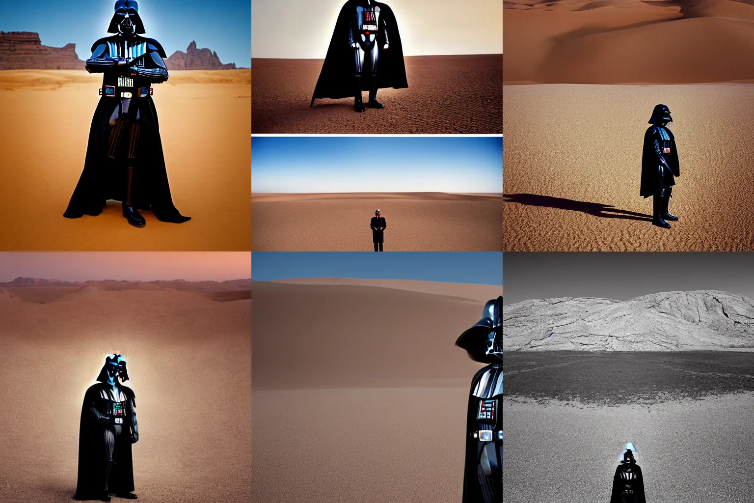 Prompt: a portrait of darth vader, standing in front of a desert, in the style of annie leibovitz, award winning photograph