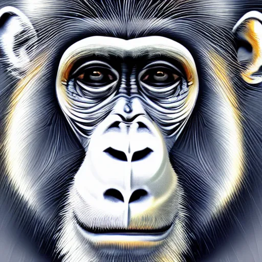 Image similar to modern art abstract portrait of an ape monkey, futuristic style, visible brush strokes, very abstract