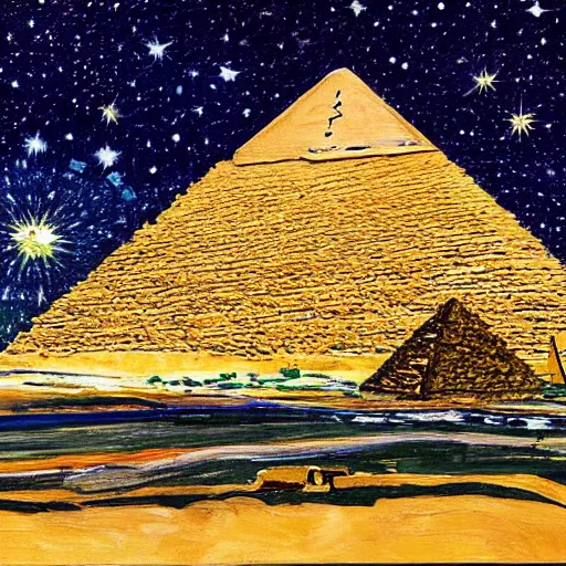 Prompt: painting of pyramids of Giza in style of starry night