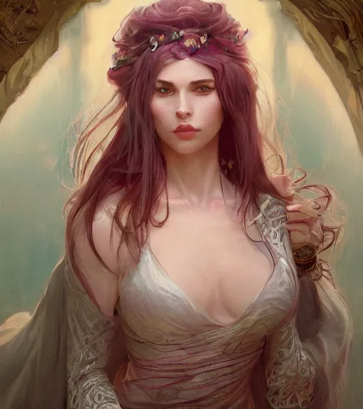 Image similar to full portrait of a young, attractive woman, soft hair, muscular, half body, cloth, pink hair, d & d, fantasy, intricate, elegant, highly detailed, digital painting, artstation, concept art, smooth, sharp focus, illustration, art by artgerm and greg rutkowski and alphonse mucha