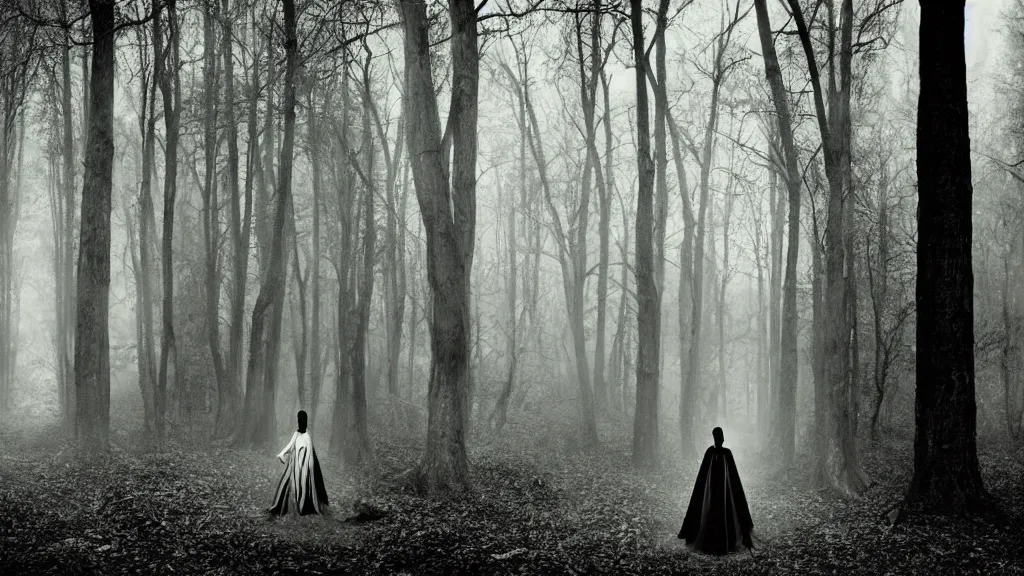 Image similar to eerie atmospheric symmetrical vogue fashion photography in a forest by paolo roversi