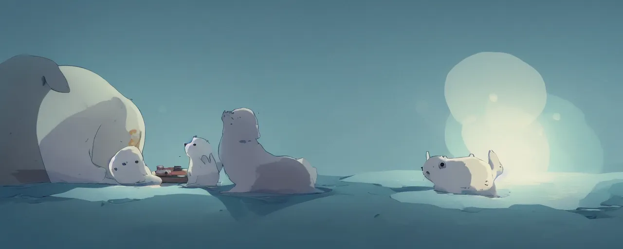 Image similar to a baby harp seal sinking into arctic ocean, atey ghailan, goro fujita, studio ghibli, rim light, scary lighting, clear focus, very coherent,