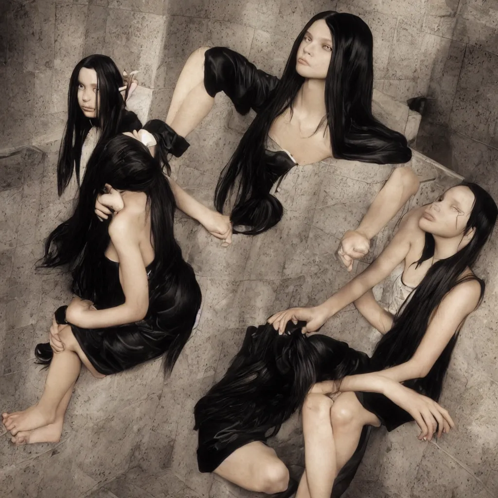 Image similar to photo of lonely young girl with straight long black hair wearing black dress and sitting on bathroom floor, photo made by mario testino and vanessa beecroft, render by artgem and alphonse mucha for capcom co, resident evil