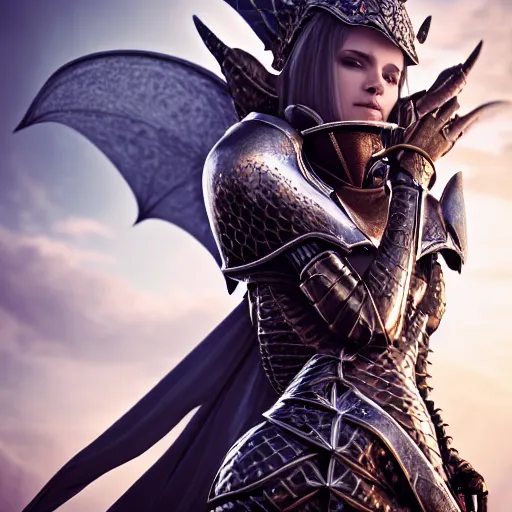 Image similar to highly detailed realistic stunning shot of a beautiful female anthropomorphic dragon knight, resting a detailed and engraved longsword over her armored shoulder, cloak flittering in the wind, high quality, HD octane render, epic cinematography, Artstation, Deviantart, Furaffinity