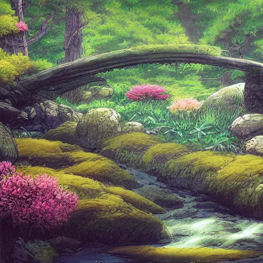 Prompt: meditation at the forest stream with flowers, digital painting masterpiece, haunting beautiful brush strokes, painted by Moebius and Hayao Miyazaki and Akira Toriyama