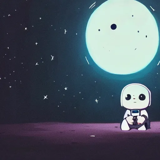 Prompt: scared baby harp seal dressed as an astronaut floating far away from a spaceship, alone in deep space, black bacgkground with scattered stars, lonely, scary, wide shot, atey ghailan, goro fujita, studio ghibli, ominous, dark lighting, clear focus, very coherent,