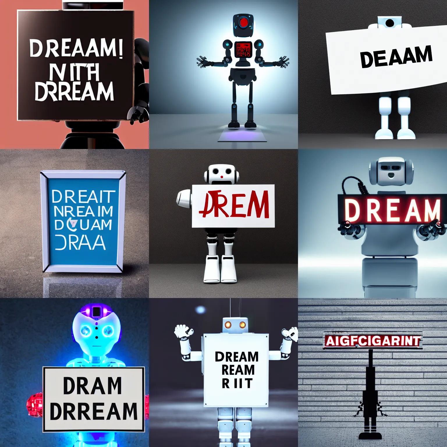 Image similar to artificial intelligence robot holding a sign with text that reads : dream