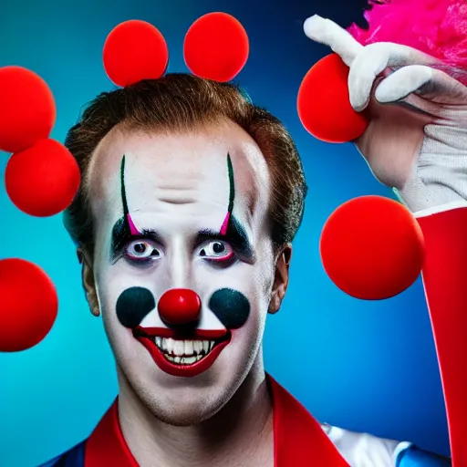 Image similar to Harry Kane dressed as a clown, 8k, extreme detail, studio light, dramatic, sharp focus,