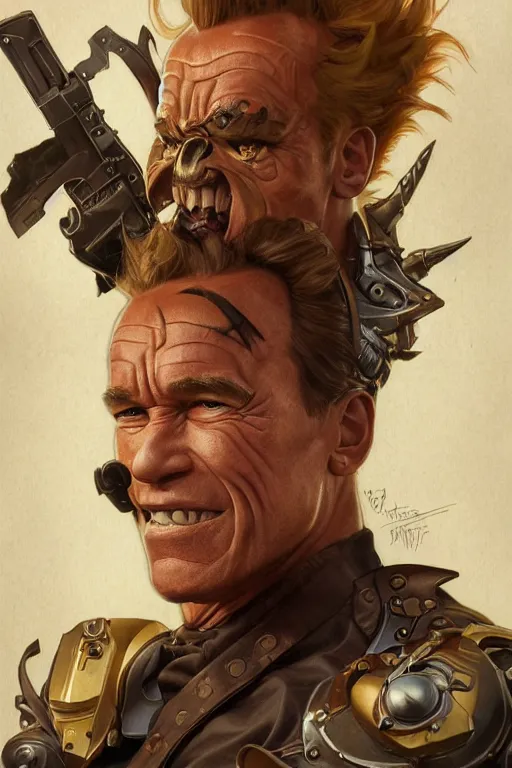 Image similar to portrait of arnold schwarzenegger as junkrat from overwatch, full body, fantasy, intricate, elegant, highly detailed, digital painting, artstation, concept art, sharp focus, illustration, art by artgerm and greg rutkowski and alphonse mucha