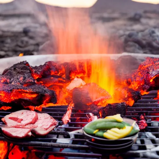 Image similar to bbq party inside of an active volcano, meat, lava, party, at golden hour, bokeh, 3 2 megapixel