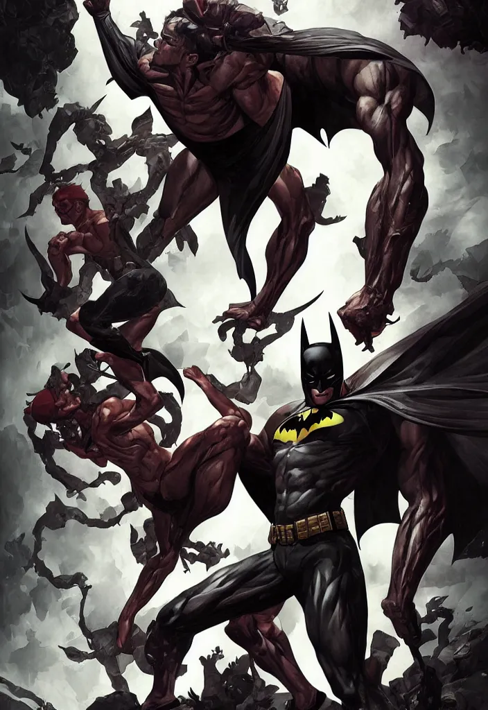 Prompt: beautiful young adult muscular slim batman character design by stanley lau, lee bermejo, alex ross, greg rutkowski, peter mohrbacher, vivid color scheme