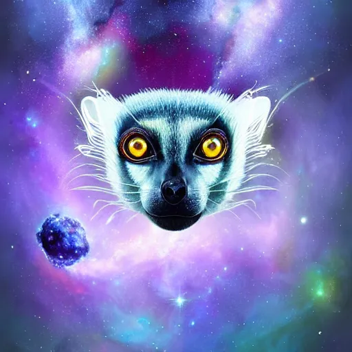 Image similar to geometric symmetrical lemur with galaxy eyes in space, nebula in the background, intricate, elegant, highly detailed, digital painting, artstation, concept art, smooth, sharp focus, illustration, art by artgerm