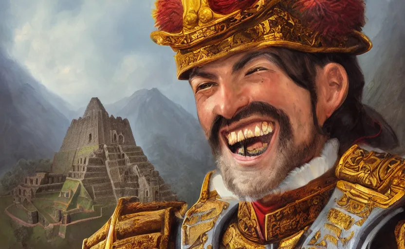 Image similar to smile spanish conquer soldier francisco pizarro on a inca temple, portrait, wide view, high detailed, full perfect, high detail, digital painting, octane rendered, 4 k, trending on artstation