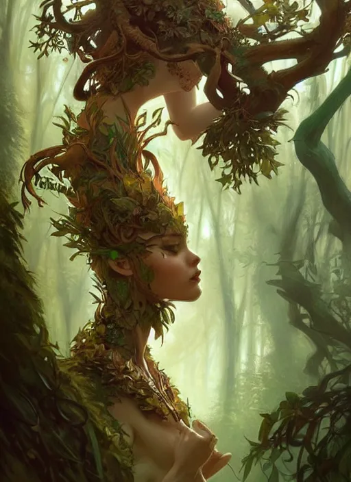 Image similar to a cute forest elemental, with fingers, fantasy, intricate, elegant, highly detailed, digital painting, artstation, concept art, wallpaper, smooth, sharp focus, illustration, art by artgerm and greg rutkowski and alphonse mucha