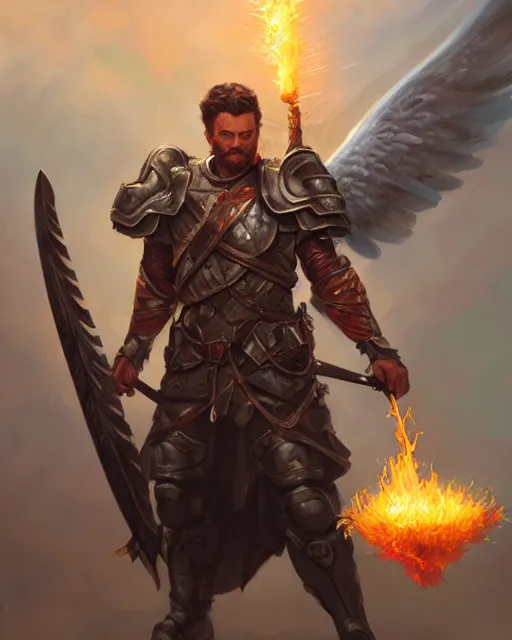 Prompt: character portrait of a brawny male warrior angel of justice, wearing shining armor, wielding a flaming sword and holding a kite - shield, by peter mohrbacher, mark brooks, jim burns, wadim kashin, greg rutkowski, larry elmore, trending on artstation