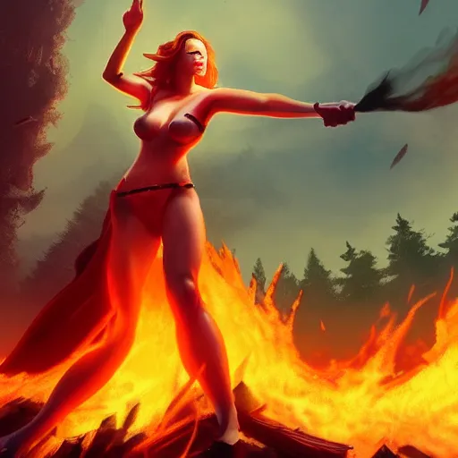 Prompt: Hot fire giantess, flaming skin, rampaging, stormy background, forest fire, breathing fire, fire in hand, concept art, artstation, 4k