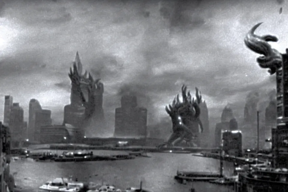 Image similar to still image taken from sci fi horror movie of a cthulhu attacking a city. low camera angle. 1 9 6 0.