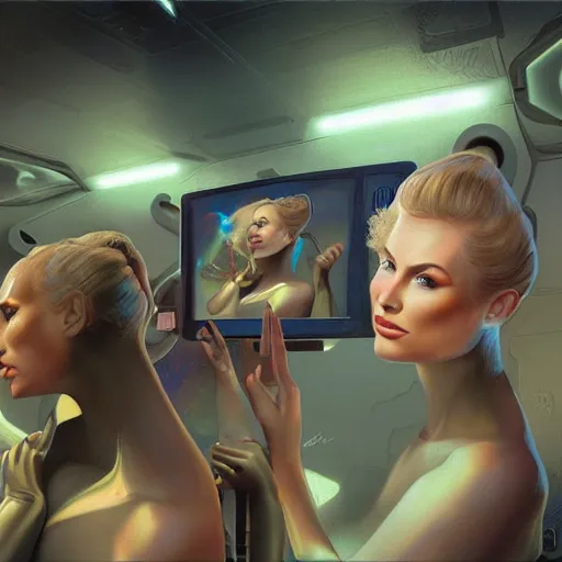 Prompt: Ladies, with detailed faces, in holograms of alien artifacts, electrical case display, total recall tech, , ultrarealistic, dramatic lighting, electrical details, high details, 4k, 8k, best, accurate, trending on artstation, artstation, photorealism, ultrarealistic, digital painting, style of Peter Mohrbacher, Caravaggio, Boris Vallejo