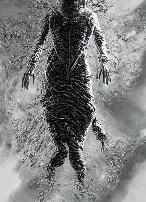 Image similar to astronaut in dark void underwater - complex and hyperdetailed technical suit design. reflection and dispersion materials. rays and dispersion of light. volumetric light. f / 3 2. noise film photo. flash photography. ultra realistic, 5 0 mm. dress by alexander mcqueen, poster by wayne barlowe, hajime sorayama, aaron horkey, craig mullins