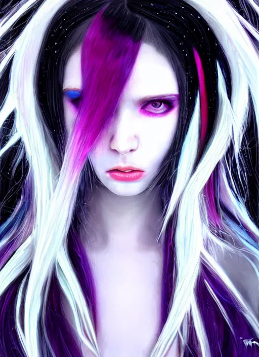 Image similar to hair whitebangs hair, black cyberlox, portrait of teenage girl with white bangs, whitebangsblackhair, messy bangs, cyberlox, whitebangs, red irises, purple clothes, intricate, elegant, glowing lights, highly detailed, digital painting, artstation, concept art, sharp focus, illustration, art by wlop, mars ravelo and greg rutkowski