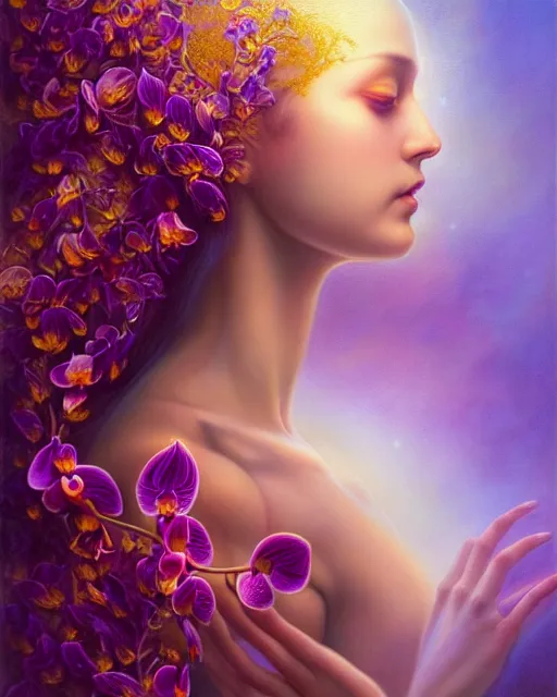 Image similar to portrait of the beautiful young goddess of orchids, unusual beauty, etheric, outworldly colours, emotionally evoking symbolic metaphors, head in focus, fantasy, ornamental, intricate, elegant, highly detailed hyperrealistic painting, artstation, concept art, painterly, golden ratio, sharp focus, illustration, art by anna dittman,