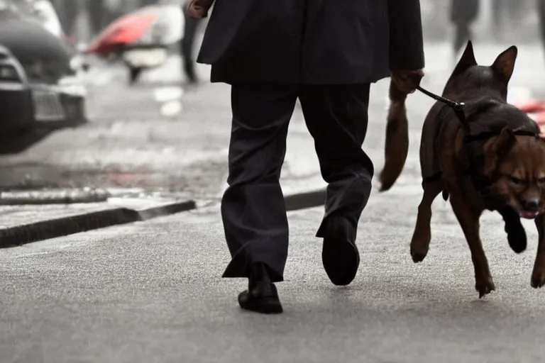 Image similar to cinematography action movie closeup portrait of a Japanese business man carrying his dog running from an explosion in Tokyo by Steven Spielberg