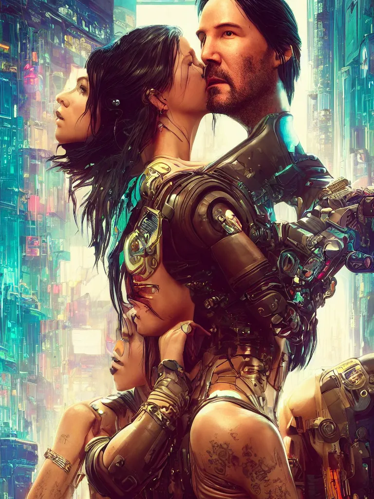 Prompt: a cyberpunk 2077 portrait of Keanu Reeves&female android in final kiss,love,film lighting,by Laurie Greasley,Lawrence Alma-Tadema,Dan Mumford,artstation,deviantart,FAN ART,full of color,Digital painting,face enhance,highly detailed,8K,octane,golden ratio,cinematic lighting