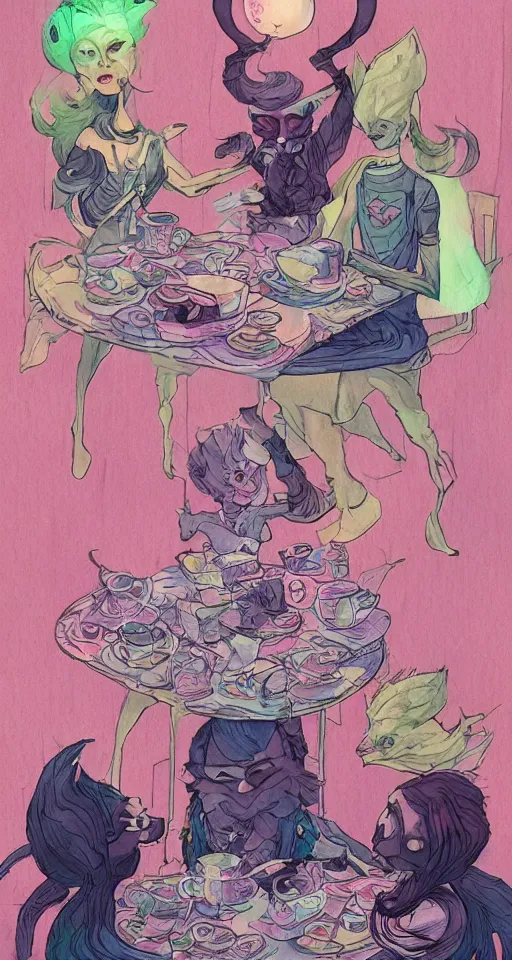 Prompt: soldier of chaos, mischief and beauty having tea alone at a table in a pastel fantasy land, surreal, glitched watercolor, chromatic abberation, trending on artstation, in the style of james jean feint, inspired by art nouveau