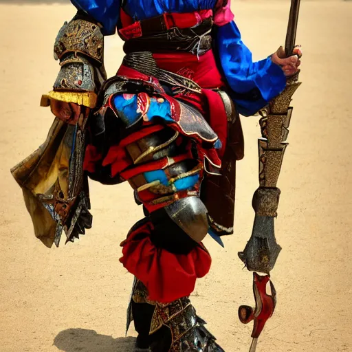 Image similar to full shot photo of a female jester warrior with waepons