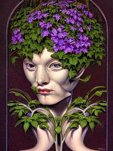 Image similar to The Hanging-Gardens of Pareidolia, lobelia, ivy, verbena and pothos growing facial features and optical-illusions, aesthetic!!!!!!!!!!, by Gerald Brom in the style of Johfra Bosschart,