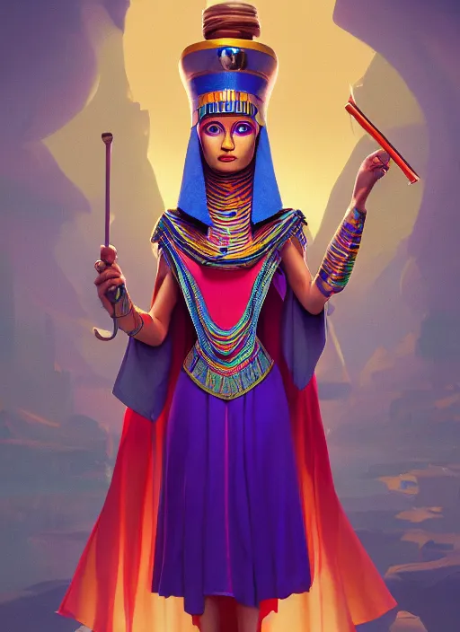 Image similar to an anthropomorphic beautiful female wizard of pharaoh holding a staff portrait wearing colourful robe, fine art, award winning, intricate, elegant, sharp focus, octane render, hyperrealistic, cinematic lighting, highly detailed, digital painting, 8 k concept art, art by jamie hewlett and z. w. gu, masterpiece, trending on artstation, 8 k