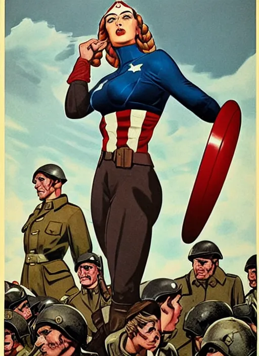 Prompt: beautiful female captain america standing on a pile of defeated, beaten and broken german soldiers. feminist captain america faces hitler. american wwii propaganda poster by james gurney and pixar. gorgeous face. long braids.