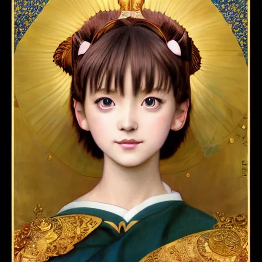 Image similar to Masterpiece portrait of a very young Sakura Kinomoto from Card Captor Sakura drawn by Donato Giancola and Tom Bagshaw, face by Artgerm and Edmund Leighton, Alphonse Mucha, background by James Jean and Gustav Klimt, 4k, french nouveau, trending on pixiv, octane render, hyperrealistic