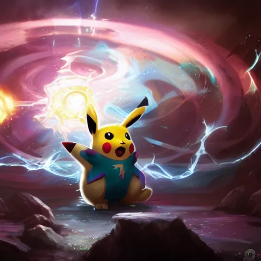 Image similar to portrait of pikachu as a spellcaster, league of legends amazing splashscreen artwork, legends of runeterra, splash art, natural light, elegant, photorealistic facial features, intricate, fantasy, detailed face, atmospheric lighting, anamorphic lens flare, cinematic lighting, league of legends splash art, hd wallpaper, ultra high details by greg rutkowski