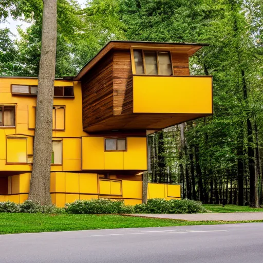 Image similar to architecture ad for a big mid-century modern house in the middle of the wood designed by frank gehry. grain, cinematic, colorized, yellow hue.