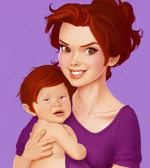 Image similar to a mother with short shoulder length auburn hair, short and curvy and a slightly chubby face holding her infant son with short brown hair full color digital illustration in the style of don bluth, artgerm, artstation trending, 4 k