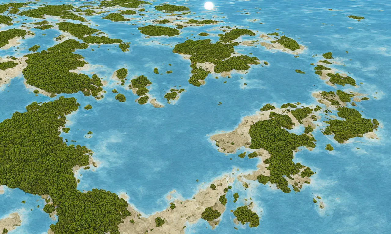 Prompt: sea-level view of archipelago of small islands interconnected by high speed rails, digital art, 3d, illustration