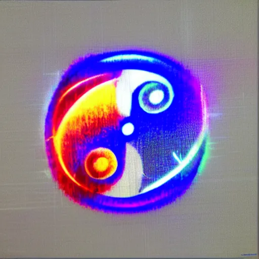 Image similar to digital holographic pixelated ying yang symbol of taoism, lasers, light streaks