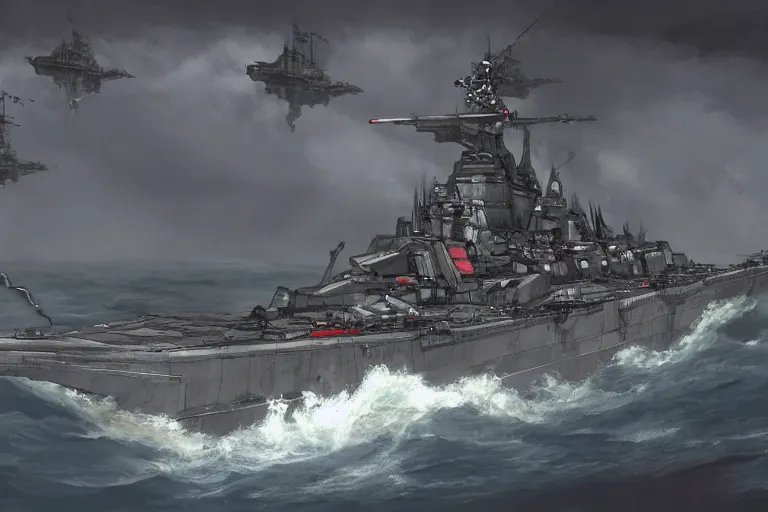 Image similar to Concept art of an angular stealth Bismarck battleship